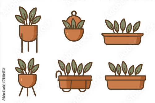 Collection of potted green plants in various brown containers and planters for home decor