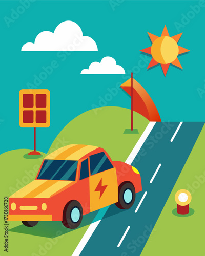 A lone car sits with a flat tire on the side of the highway while a solarpowered emergency unit pulls up to assist using the suns energy to power its tools and equipment.. Vector illustration