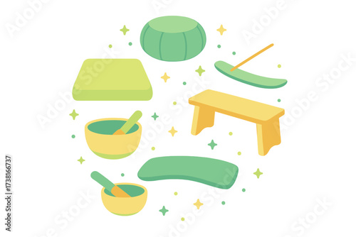 Relaxing spa and wellness elements with natural green and yellow tones
