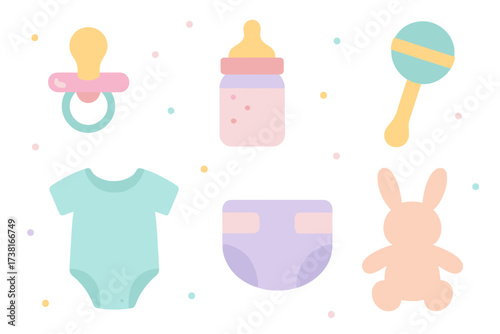 Adorable collection of essential baby care items and toys in soft pastel colors for newborns