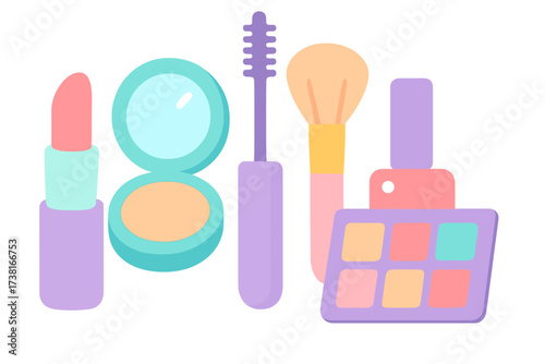 Collection of colorful beauty products and cosmetic items for daily makeup routine