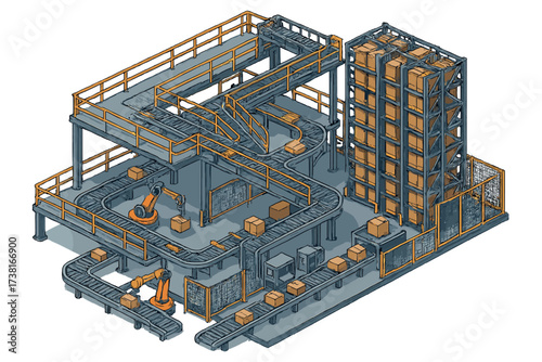 Automated warehouse logistics with robotic arms and conveyor belt system