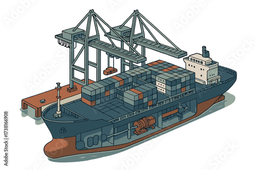 Isometric view of a cargo container ship at port with cranes loading goods