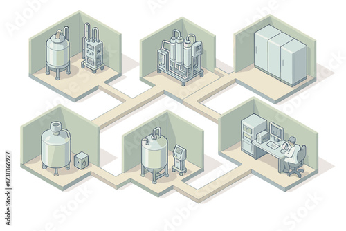 Isometric view of a modern industrial facility with interconnected processing units and control room