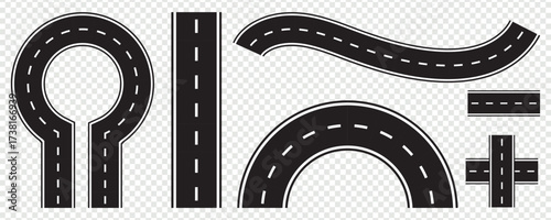 Wavy winding curves roads and horizontal path. Top view on road map. Horizontal asphalt road template. Flat vector illustration isolated on transparent background.