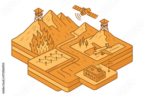Isometric landscape with forest fire, satellite monitoring, and emergency response infrastructure
