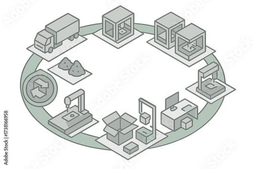 Circular production process with 3D printing, raw material sourcing, and product delivery