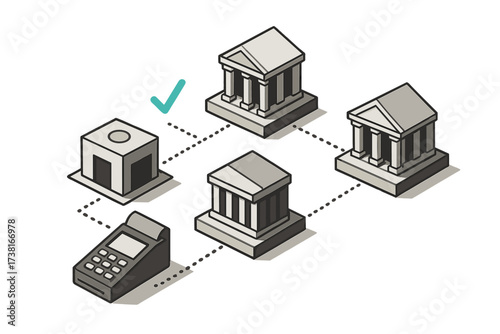 Decentralized financial network with payment terminal and interconnected bank buildings