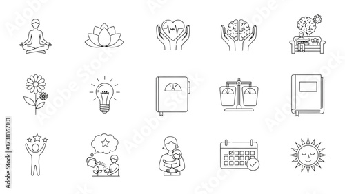 Wellness and Mental Health Icon Set Meditation Self-Care Therapy Line Art 15 Icons