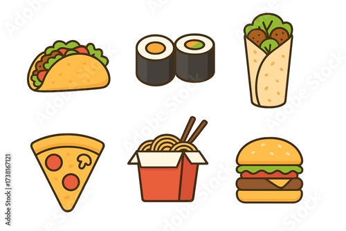 Diverse collection of popular fast food and international cuisine dishes and meals