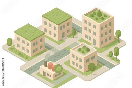 Isometric city block with modern green buildings and an eco-friendly factory layout