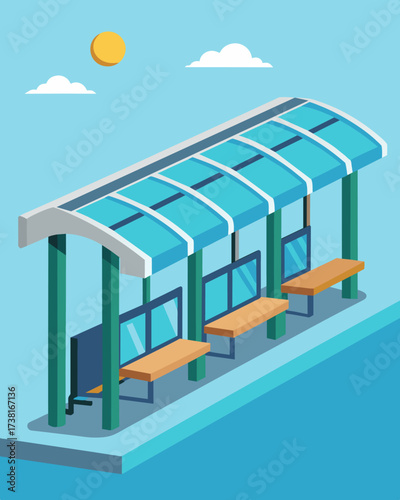 A row of solar panelcovered bus stops providing both shelter and sustainable energy for public transportation in the city.. Vector illustration