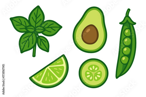 Fresh green vegetables and fruits collection with basil, avocado, lime, cucumber, peas