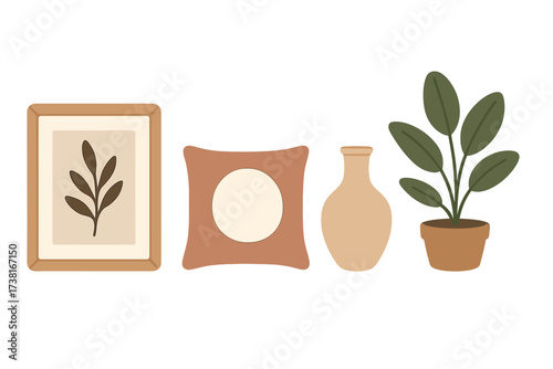 Modern interior design elements including framed artwork, cushion, ceramic vase, and green plant