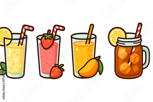 Variety of refreshing fruit beverages and iced tea in glasses with straws and garnishes