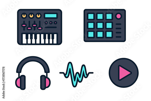 Music production and audio playback elements including synthesizer, drum machine, headphones, waveform, and play button