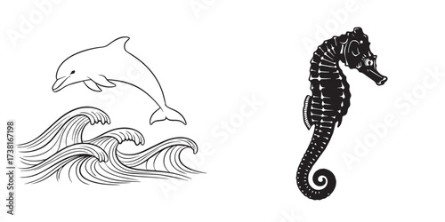Stylized Dolphin Leaping Over Ocean Waves and Seahorse Illustration
