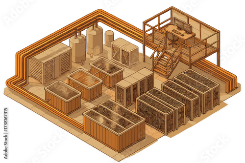 Isometric industrial facility with processing tanks, cultivation beds, and control station