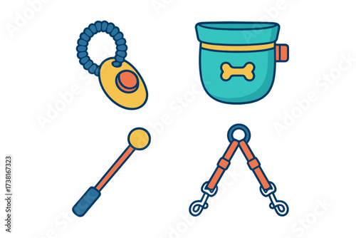 Collection of essential dog training tools including clicker, treat pouch, target stick, and leash