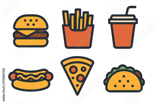 Fast food set with hamburger, french fries, soda, hot dog, pizza, and taco