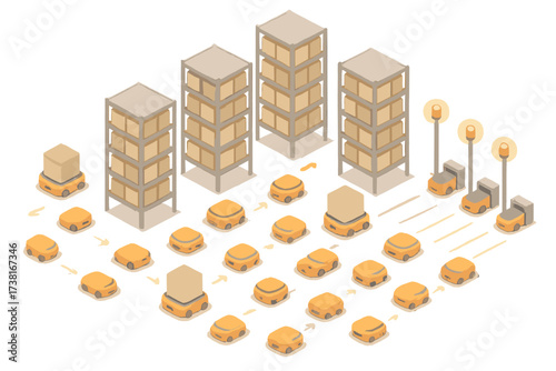 Modern automated warehouse logistics system with robotic delivery and storage shelves