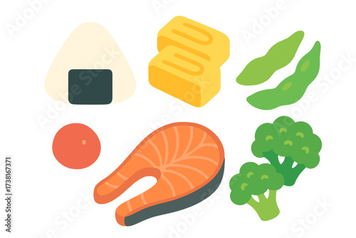 Assortment of Japanese and healthy food items including onigiri, salmon, and vegetables