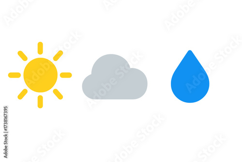 Minimalist weather icons depicting sun, cloud, and rain symbols for forecast