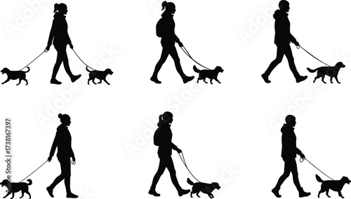 Silhouette vector illustration of people walking dogs with leashes, pet owners lifestyle, outdoor activity, animal companionship, urban park scene design