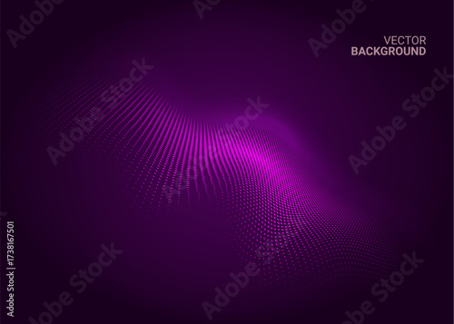 Abstract purple wave of glowing particles on dark background with dynamic flowing dots and futuristic digital motion effect