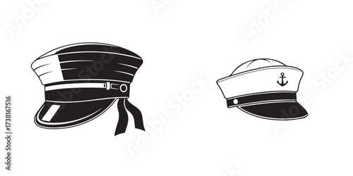 Classic Black and White Nautical and Uniform Hats Vector Illustration