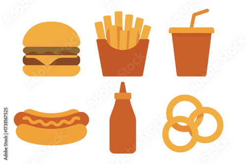 Classic fast food meal items and snacks including burger, fries, hot dog, soda, and onion rings