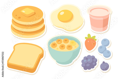 Collection of popular breakfast foods including pancakes, eggs, cereal, and fresh berries