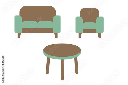 Modern living room furniture set with sofa, armchair, and coffee table in brown and mint green colors