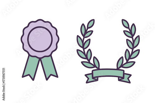 Award rosette and laurel wreath with ribbon for achievement and recognition