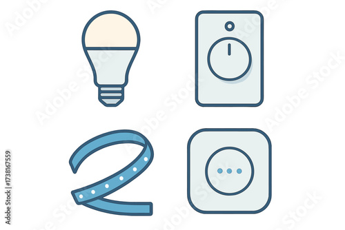 Collection of modern smart home devices including light bulb, dimmer, strip, and outlet