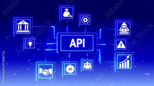 Wallpaper Mural A P I connection network technology business icons glowing blue neon on black background digital Torontodigital.ca