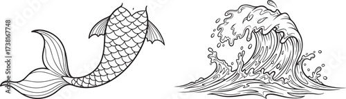 Line Art Illustration of a Mermaid Tail and a Crashing Ocean Wave