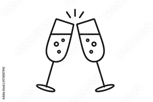 Champagne glasses toast vector icon. Cheers. Celebration, party, success. Two glass line art. Alcohol drink for New Year, wedding, anniversary, birthday. Outline illustration.
