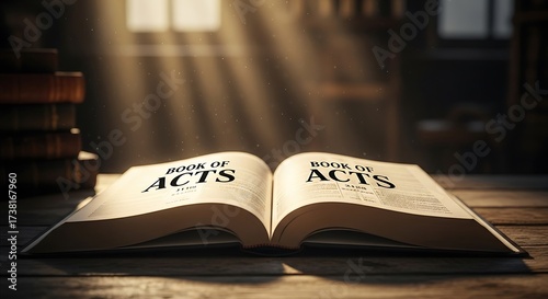 Open Book of Acts with Sunlight Streaming Through Window.