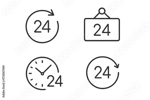 24 hours service icon set. Thin line vector design. Always open, non-stop customer support concept. Editable clock, sign, and arrow symbols. Round the clock availability.