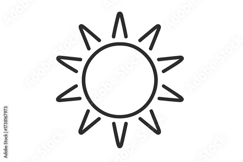 Sun outline symbol. Simple sun icon for weather forecast. Sunshine, light, and heat concept. Summer vacation and travel design element. Minimalist linear graphic vector art.