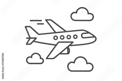 Airplane flying in sky with clouds. Thin line vector icon illustration for air travel, tourism, holiday, vacation, summer trip and business flight. Transport symbol.