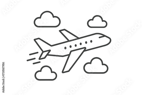 Airplane travel line icon. Plane flying in sky with clouds. Vector symbol for airline, holiday, vacation, tourism, business flight. Air transport journey concept illustration.