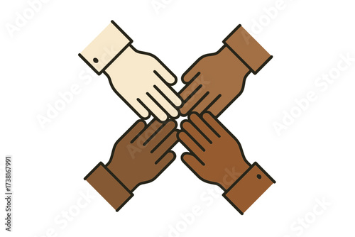 Unity in diversity concept with hands of different races. Teamwork, solidarity, and multicultural community. Vector icon for equality, inclusion, human rights, and collaboration.