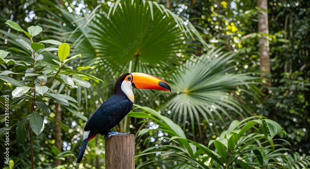 Naklejka premium A toucan perches on a wooden post amidst lush tropical foliage, showcasing vibrant colors against a backdrop of green leaves.
