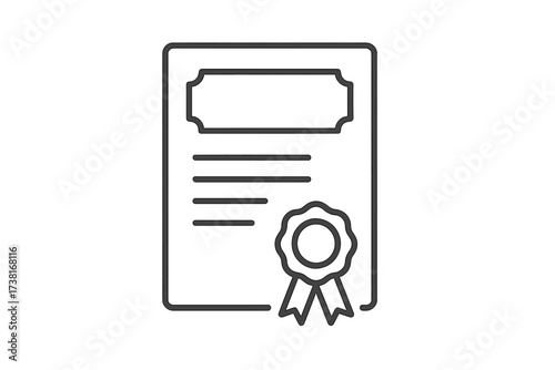 Certificate icon with seal. Vector line art of a diploma, award, or degree. Symbol of achievement, graduation, and success. Official document or legal paper illustration.