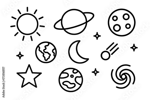 Celestial bodies icon set. Space outline symbols. Vector linear illustration of sun, planets, earth, moon, star, comet, galaxy. Astronomy and astrology science graphic elements.