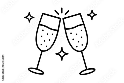 Champagne toast cheers icon. Vector party illustration. Thin flat outline trendy drink design. Clinking glasses with sparkling wine for celebration, new year, wedding, success.