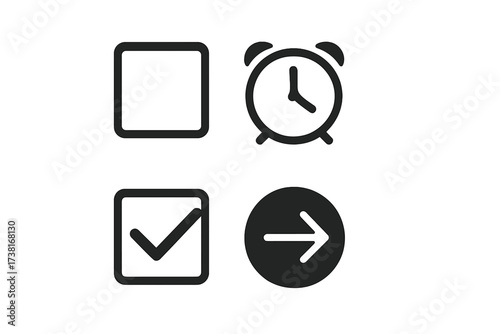 Start today not tomorrow. Fight procrastination concept. Time management. Motivational icons. Checkbox, clock, arrow. Productivity, goal setting. Action vs delay. Vector.