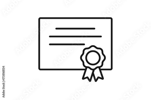 Certificate icon with seal. Vector line art of a diploma, award, degree, or license. Symbol for graduation, achievement, success, qualification, and validation. Quality guarantee.
